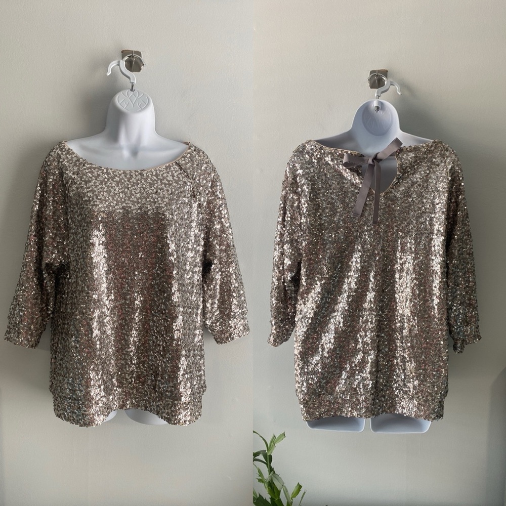 Jennifer Lopez | Sequins 3/4 Sleeve Top Back Tie L